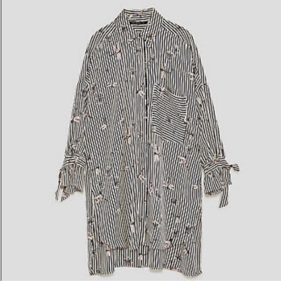 Zara Dragonfly Striped Long Oversized Fit Button Up Blouse Top Gray - Picture 6 of 12